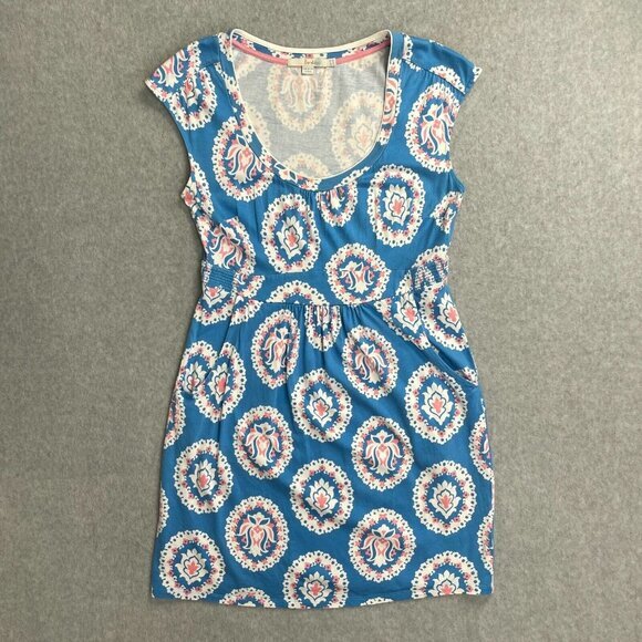 Boden Weekend Jersey Dress Womens 8 Blue Stretch Pockets Floral Cap Sleeves - Picture 1 of 16